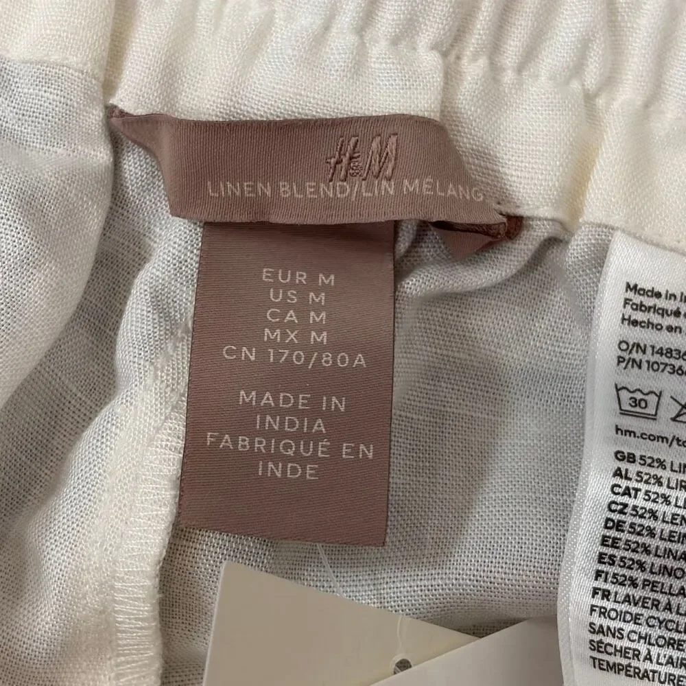 NWT H&M Linen Blend Pants Womens Medium White Elastic Waist Wide Leg Pull On